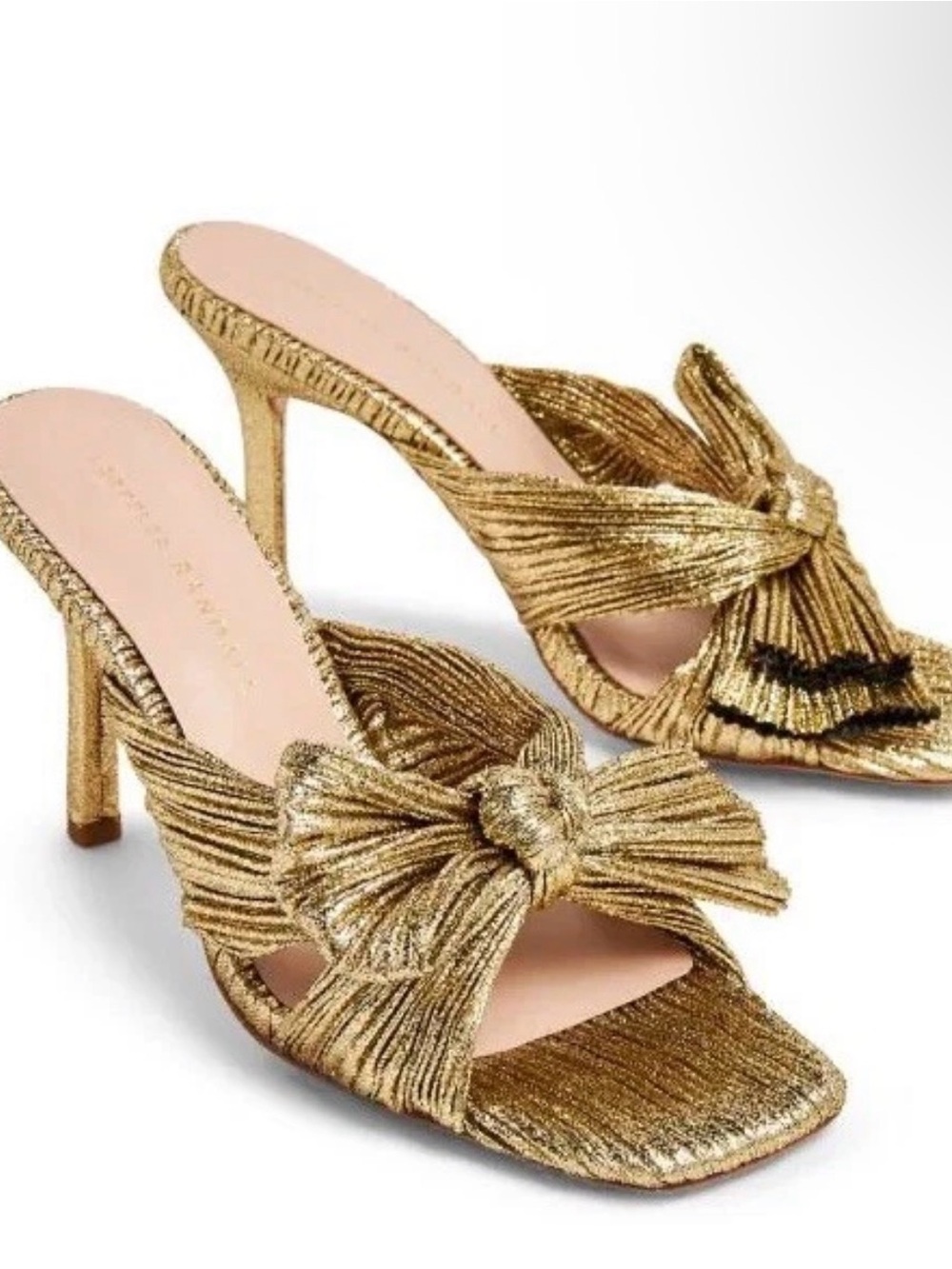 LOEFFLER RANDALL Claudia Pleated Bow Heeled Mule Sandals Oro Gold 9.5 US $395